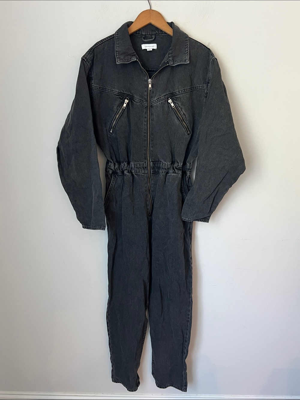 TopShop heavy denim black women’s jumpsuit with zipper accents, sz 8 ^